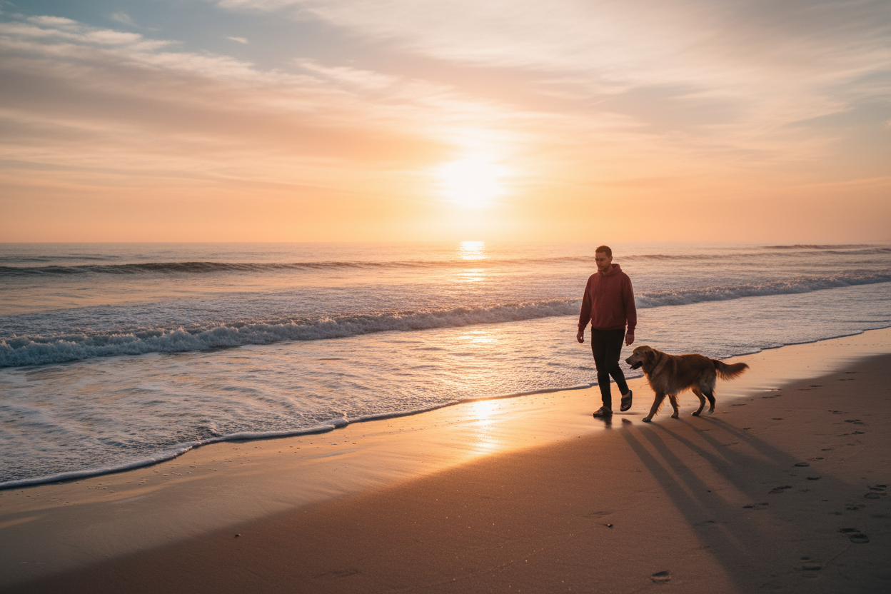 a quiet peaceful seaside image man walking his dog wearing the hoodie in this file https://cdn.shopify.com/s/files/1/0747/2981/6250/files/cotton-heritage-m2580-i-unisex-premium-pullover-hoodie-team-red-back-697f9aea17ba7.jpg?v=1769970435