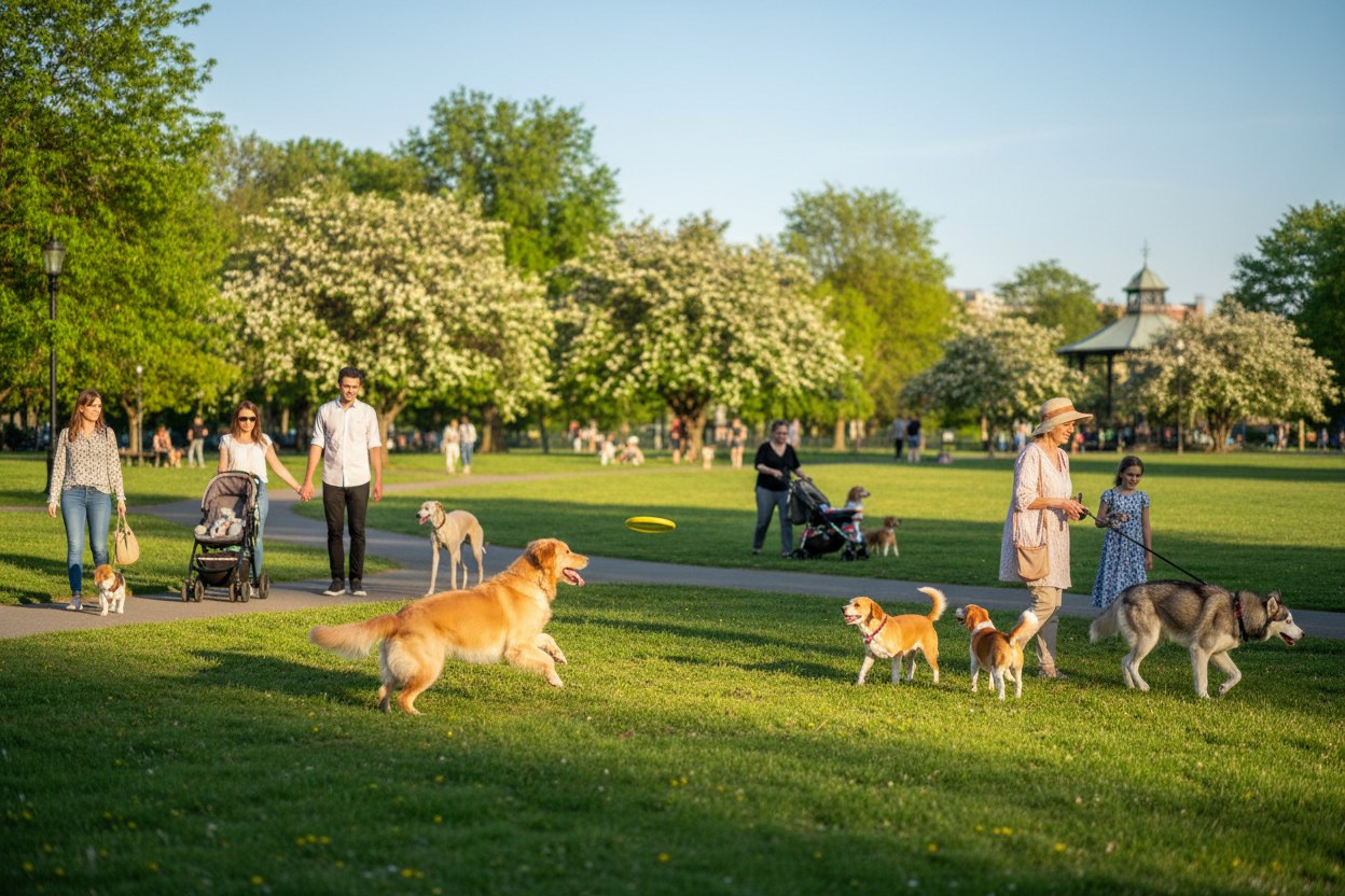 sunny day in the park dogs and people walking about professional grade photo